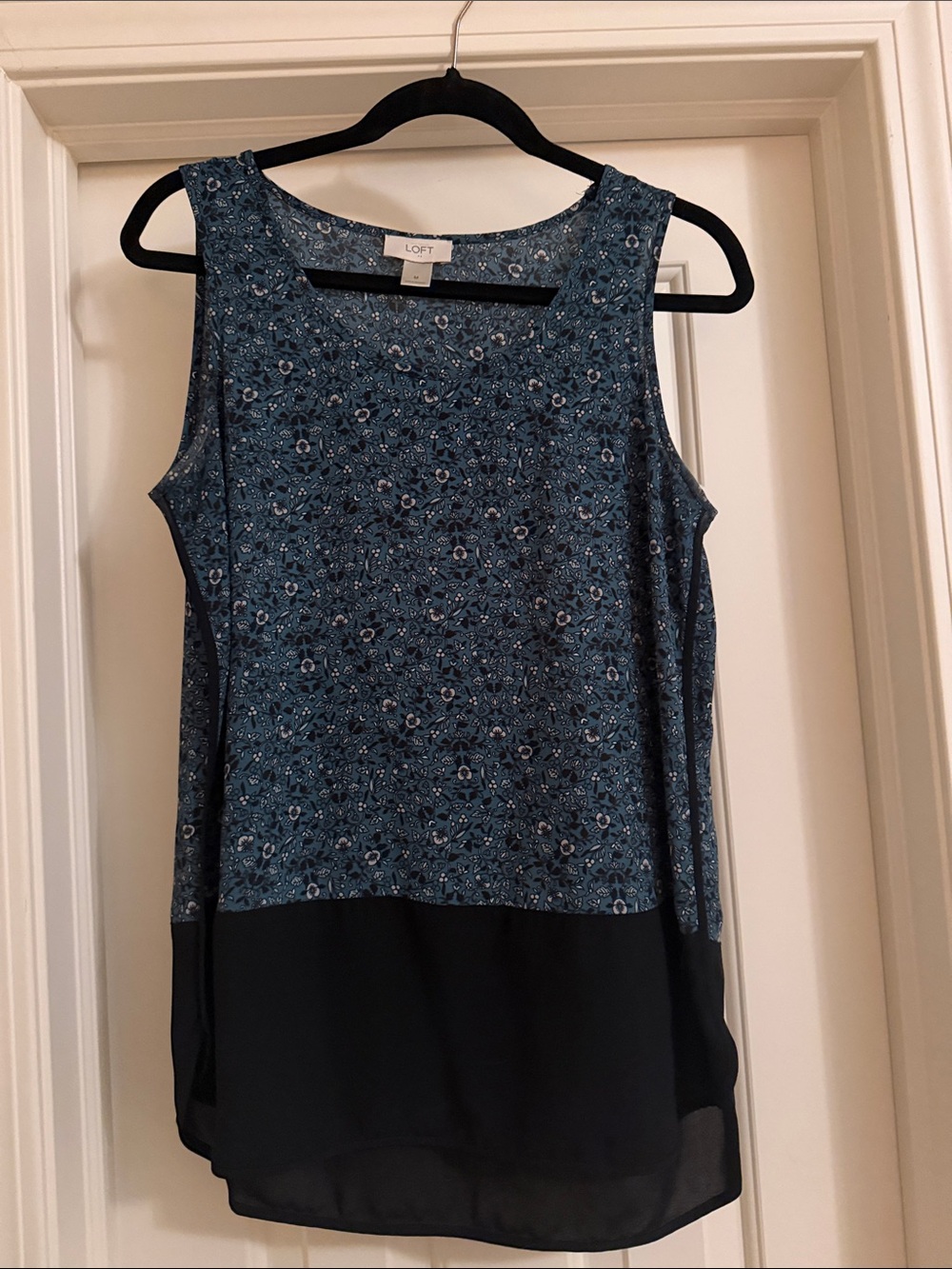 LOFT Teal Floral Sleeveless Mixed-Media Shell Top